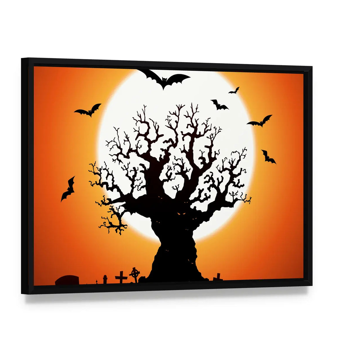 Gnarled Tree and Graveyard at Full Moon Canvas Wall Art, framed canvas in a black floater frame, angled product view