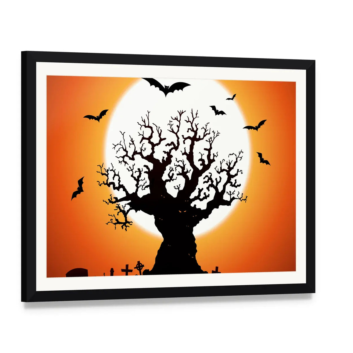 Gnarled Tree and Graveyard at Full Moon Canvas Wall Art, framed print with white mat and black frame, angled product view