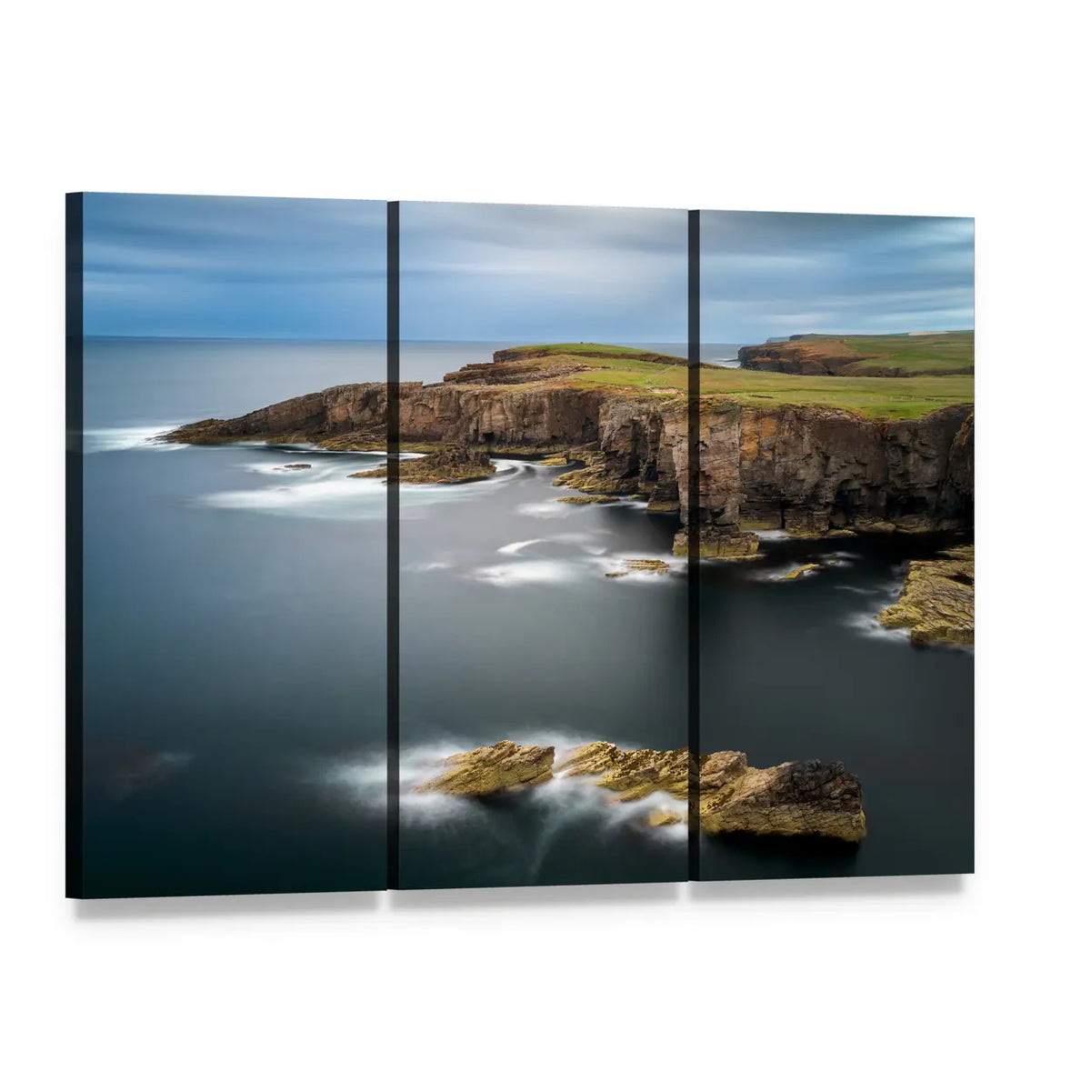Yesnaby Cliffs and Castle Rock Canvas Wall Art, 3 panel 3 Horizontal layout gallery wrapped canvas set, angled product view