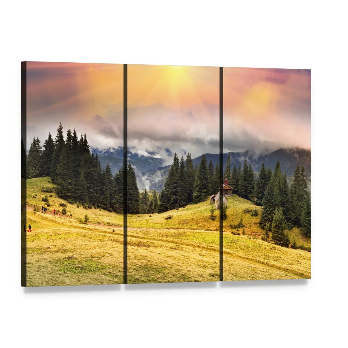 Autumn Chapel on Mountain Meadow Canvas Wall Art, 3 panel 3 Horizontal layout gallery wrapped canvas set, angled product view