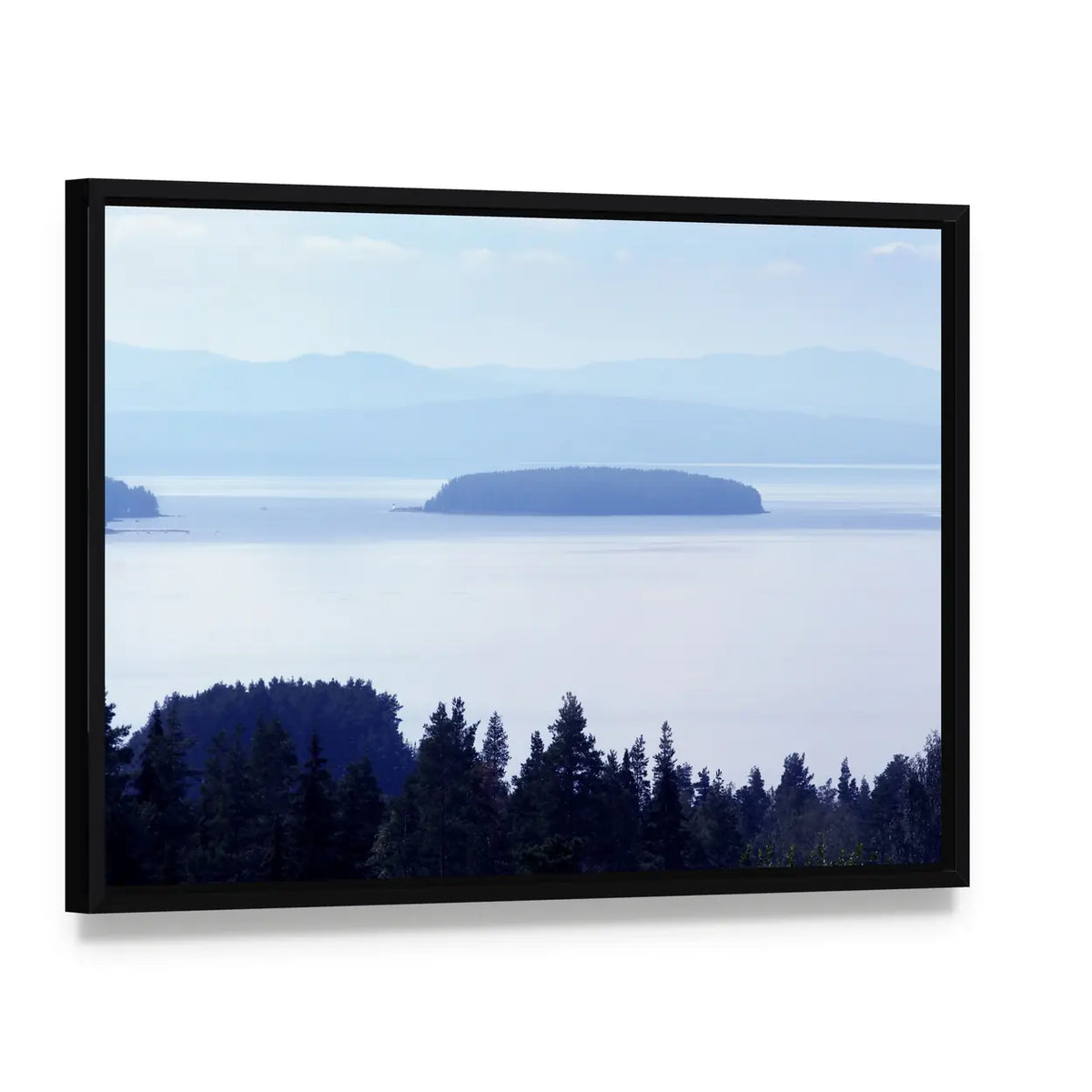 Early Morning Lake In Sweden Canvas Wall Art, framed canvas in a black floater frame, angled product view