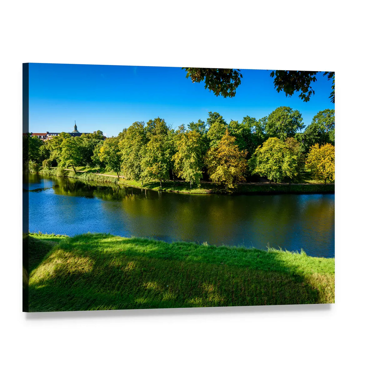 Autumn Riverbank Reflections Canvas Wall Art, single panel gallery wrapped canvas, angled product view