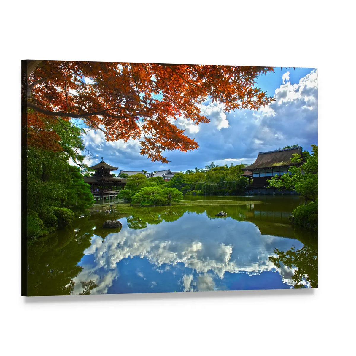 Japanese Garden with Autumn Pond Reflection Canvas Wall Art, single panel gallery wrapped canvas, angled product view