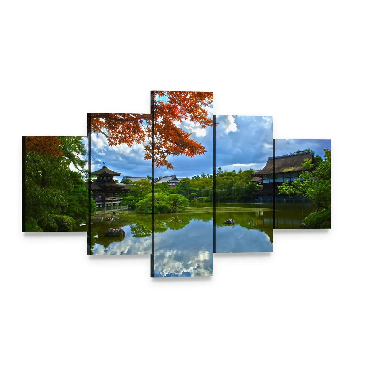Japanese Garden with Autumn Pond Reflection Canvas Wall Art, 5 panel 5 Star layout gallery wrapped canvas set, angled product view