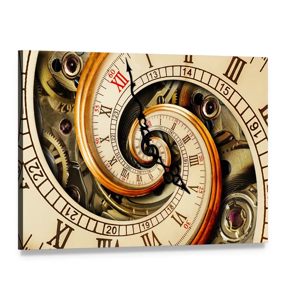 Spiral Clock Face with Gears Canvas Wall Art, single panel gallery wrapped canvas, angled product view