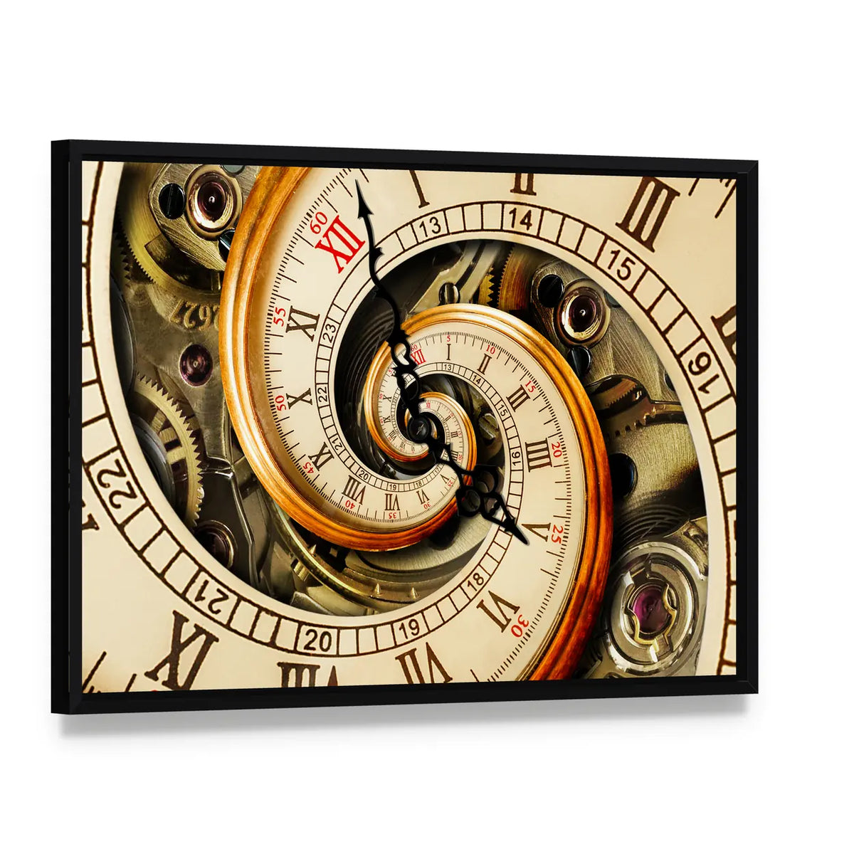 Spiral Clock Face with Gears Canvas Wall Art, framed canvas in a black floater frame, angled product view