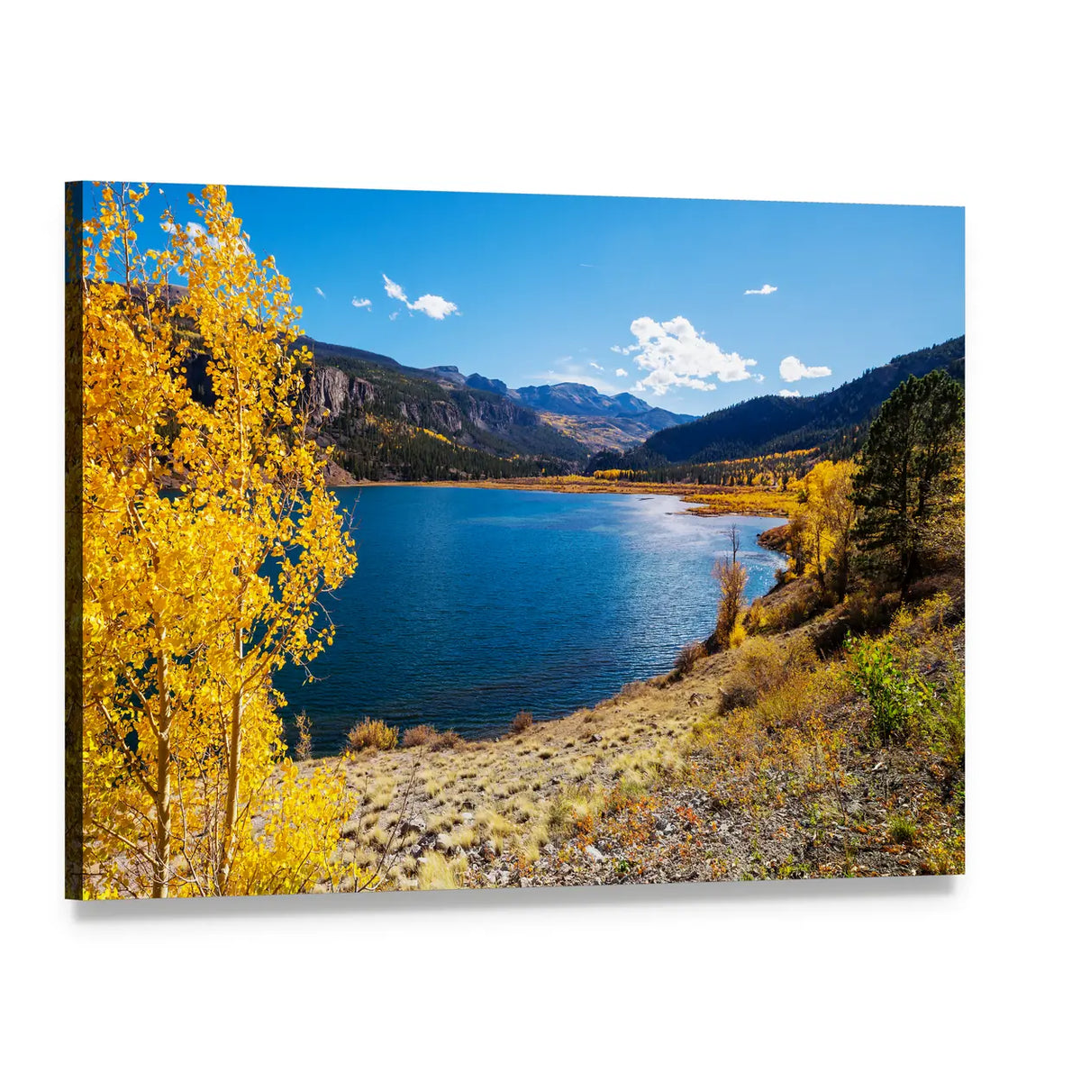 Autumn Lake with Yellow Foliage and Mountains Canvas Wall Art, single panel gallery wrapped canvas, angled product view