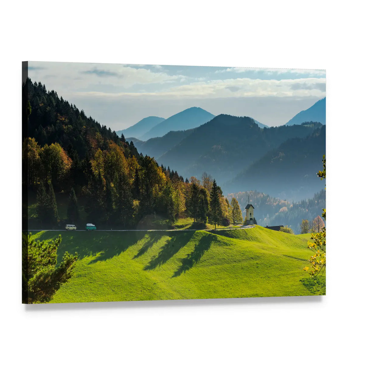Green Pastures and Layered Mountains Canvas Wall Art, single panel gallery wrapped canvas, angled product view