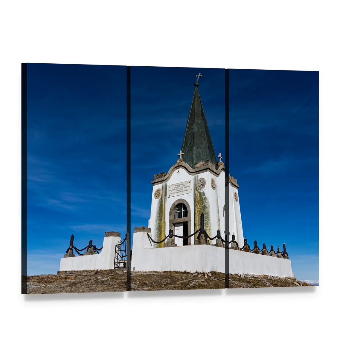 Serbian Chapel in Greece Canvas Wall Art, 3 panel 3 Horizontal layout gallery wrapped canvas set, angled product view