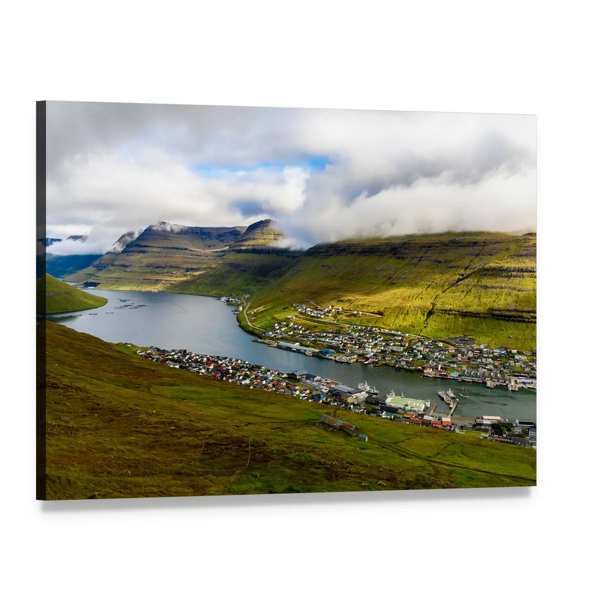 Bordoy Coastal Settlement Canvas Wall Art, single panel gallery wrapped canvas, angled product view