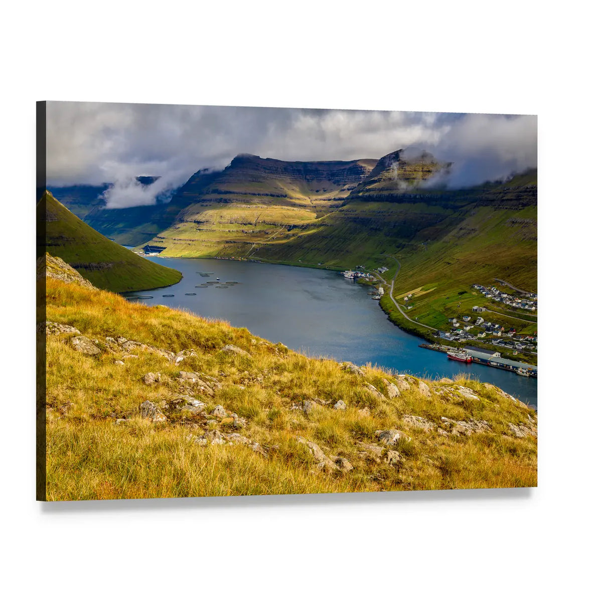 Bordoy Island Fjord Landscape Canvas Wall Art, single panel gallery wrapped canvas, angled product view