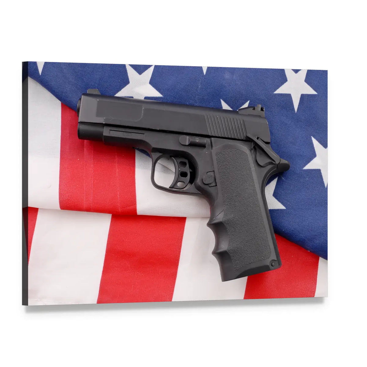 Semi-automatic Pistol with American Flag Canvas Wall Art, single panel gallery wrapped canvas, angled product view
