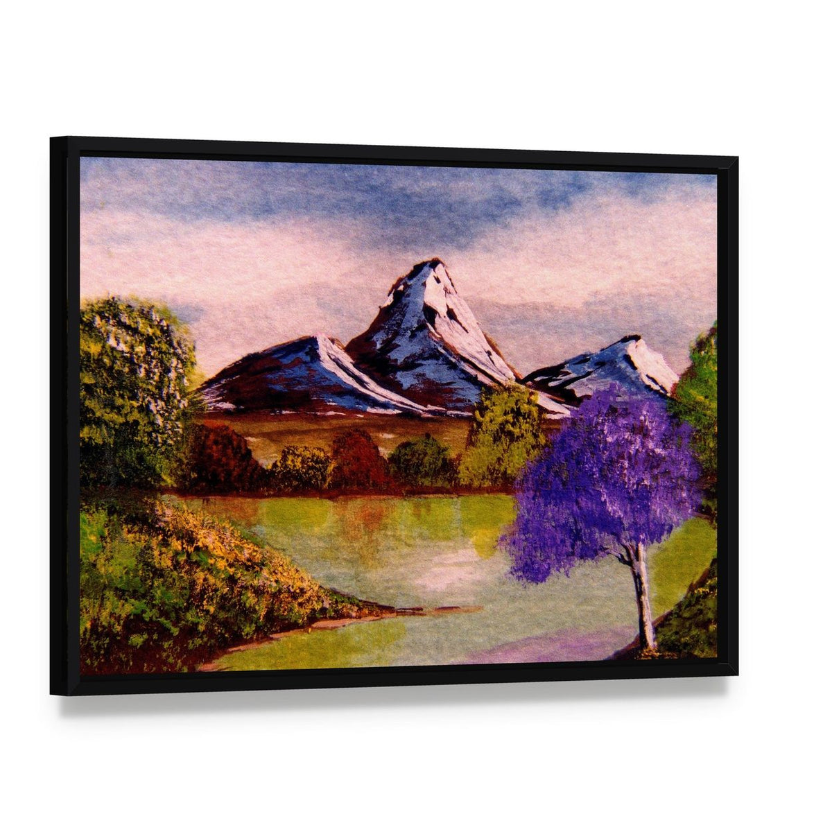 Watercolor Sketch of Mountains Canvas Wall Art, framed canvas in a black floater frame, angled product view