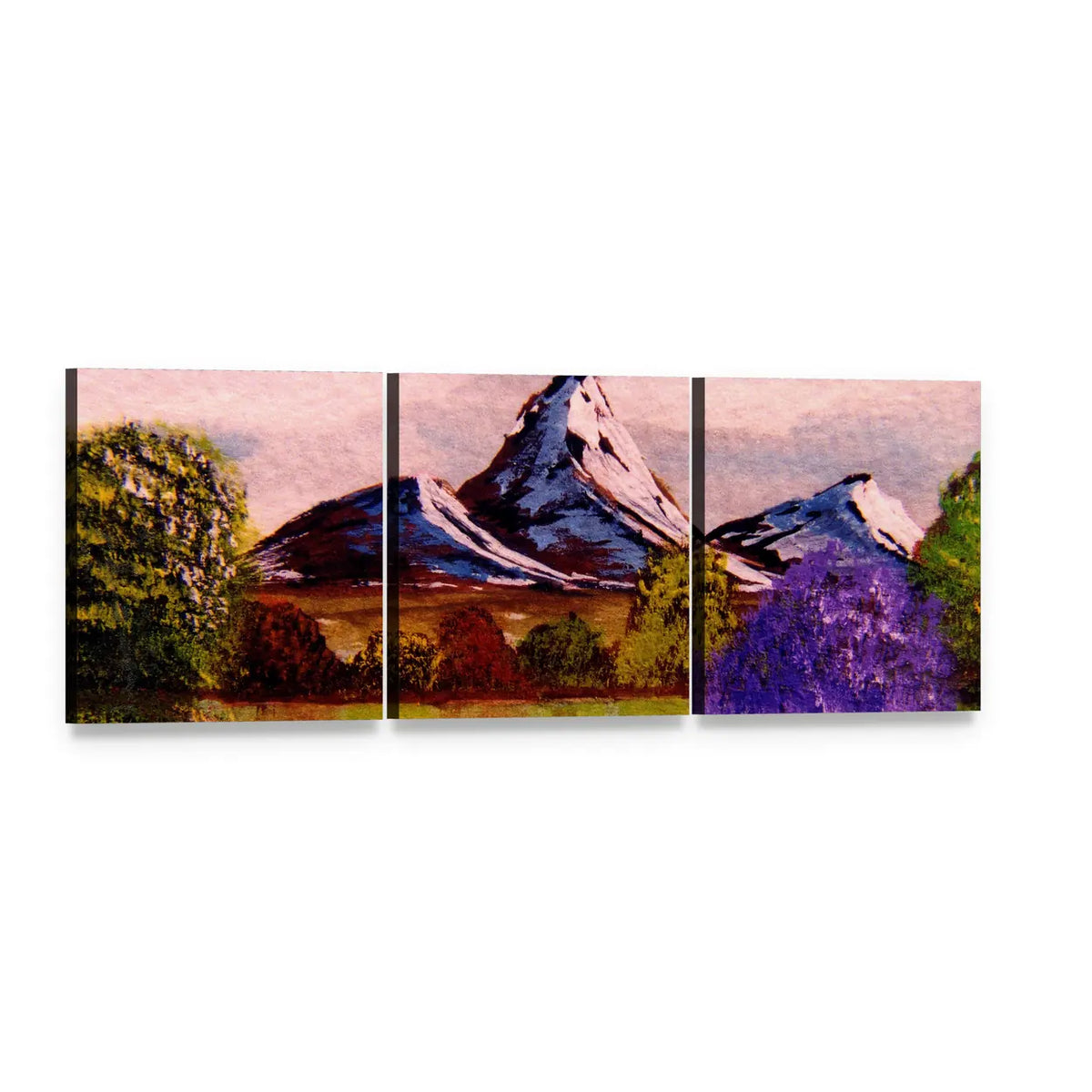 Watercolor Mountain Sketch with Purple Tree Panoramic Canvas Wall Art, 3 panel 3 Piece layout gallery wrapped canvas set, angled product view