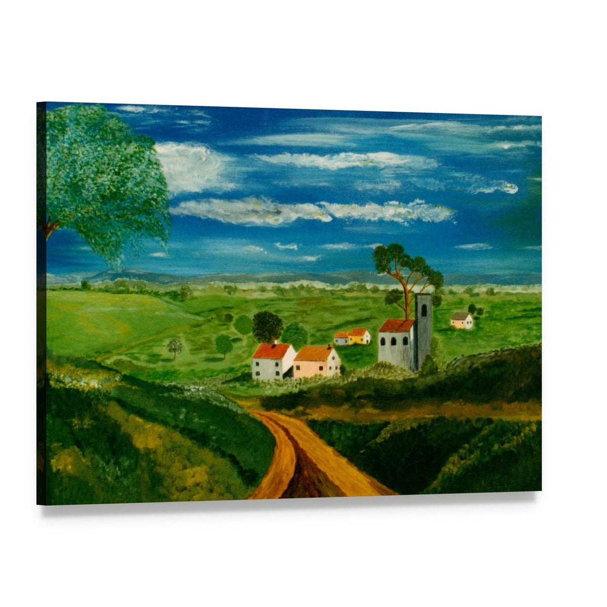 Oil Painting of Serene Village Canvas Wall Art, single panel gallery wrapped canvas, angled product view