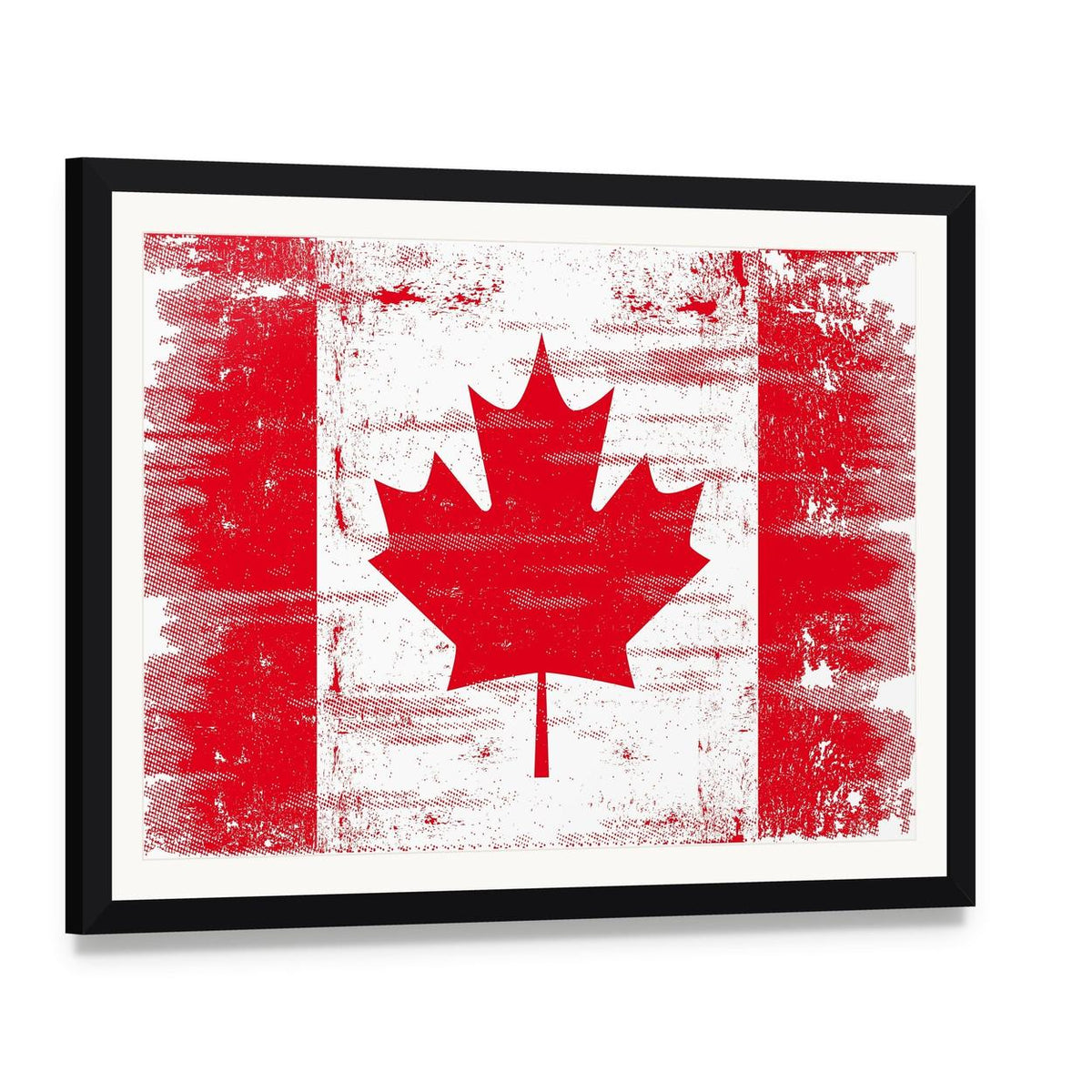 Distressed Canadian Flag Canvas Wall Art, framed print with white mat and black frame, angled product view