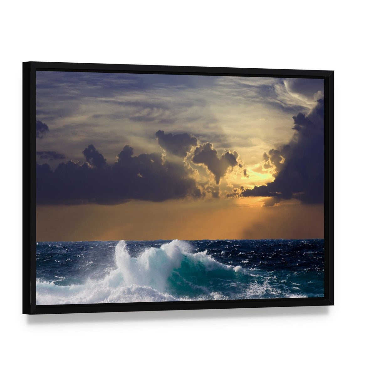 Mediterranean Wave During Storm Canvas Wall Art, framed canvas in a black floater frame, angled product view