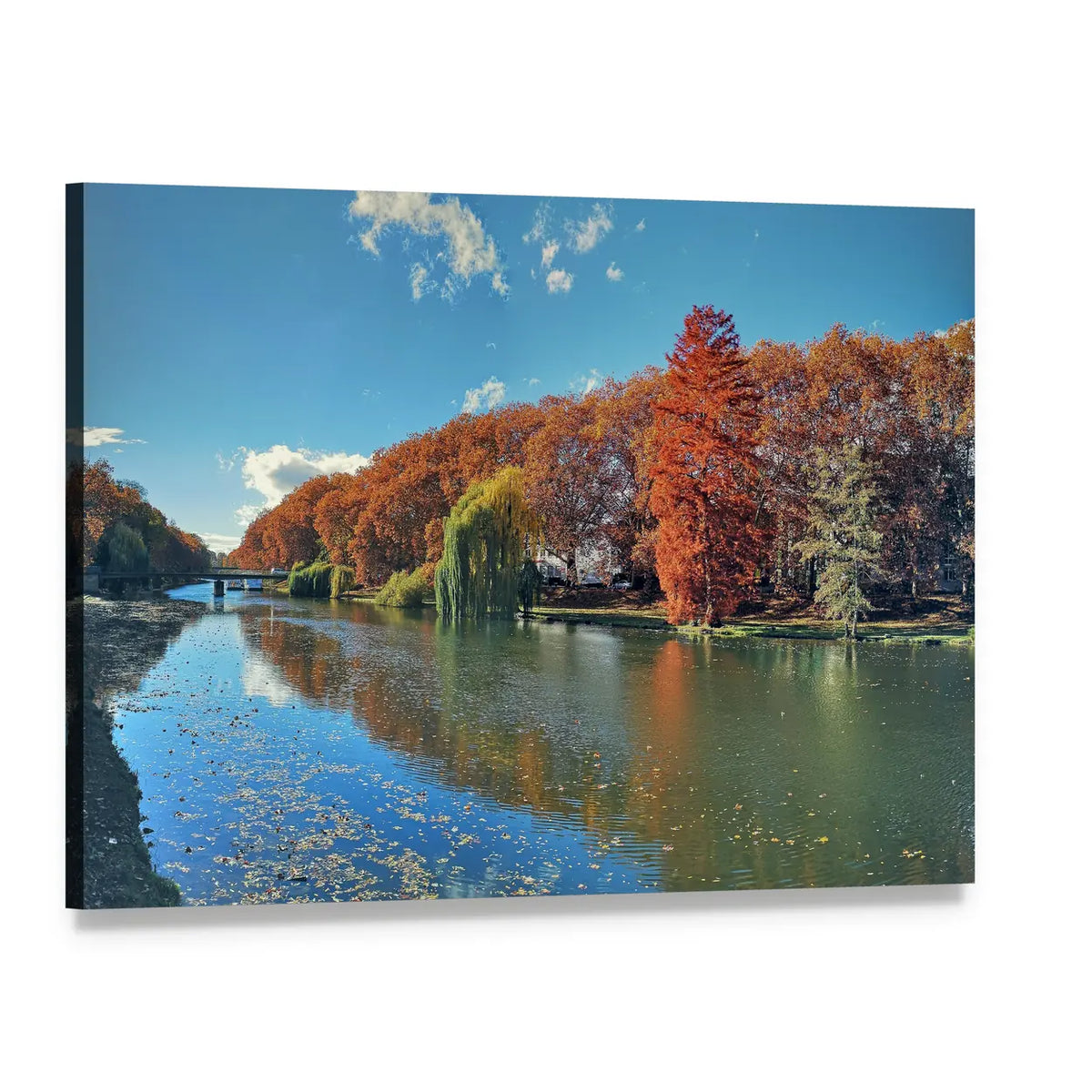 Neckar River with Fallen Leaves Canvas Wall Art, single panel gallery wrapped canvas, angled product view