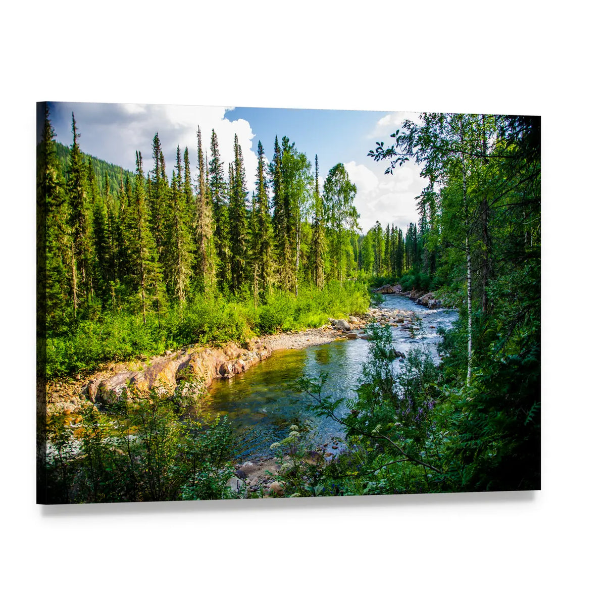 Sunny Mountain River in Summer Canvas Wall Art, single panel gallery wrapped canvas, angled product view