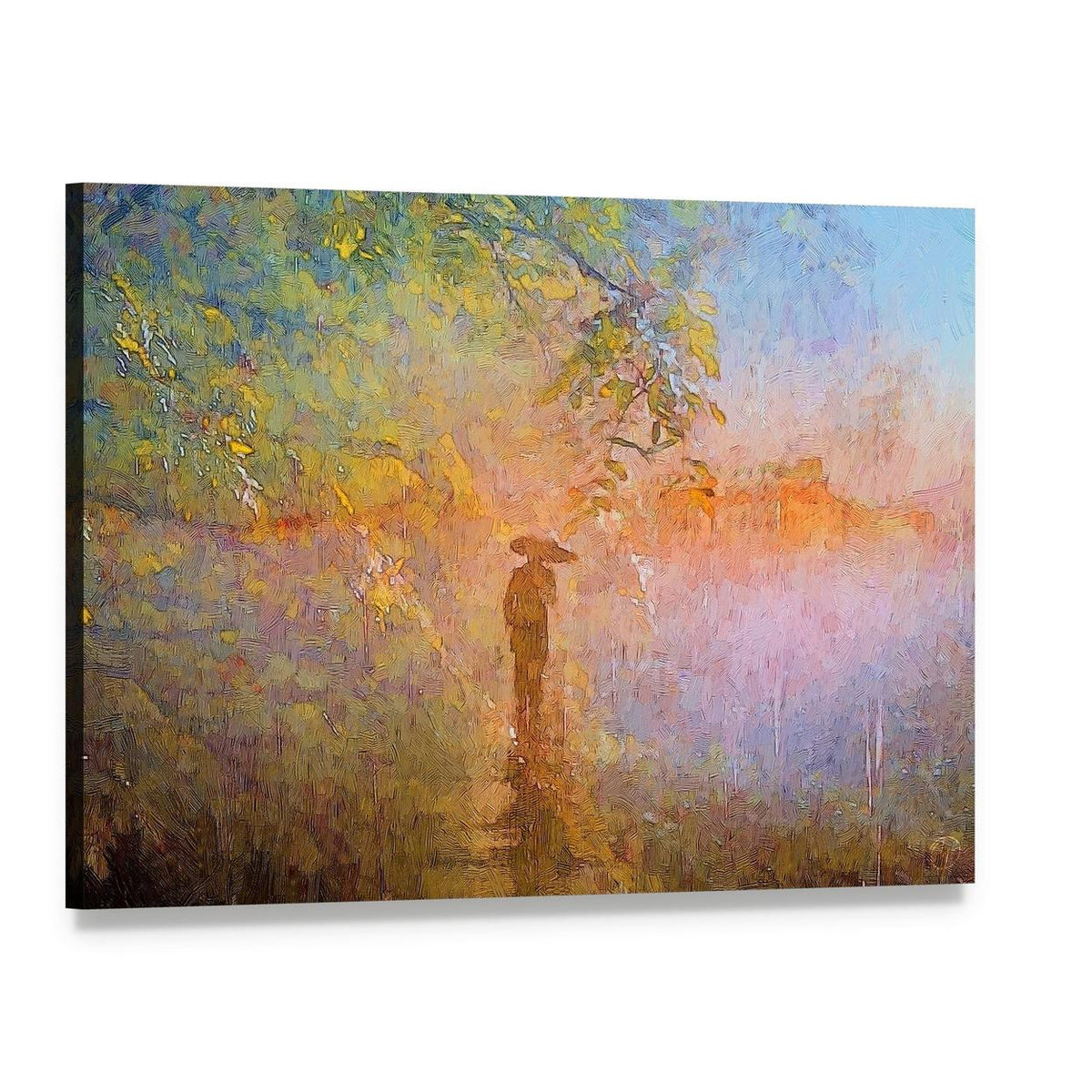 Man with Umbrella in Misty Rain Canvas Wall Art, single panel gallery wrapped canvas, angled product view