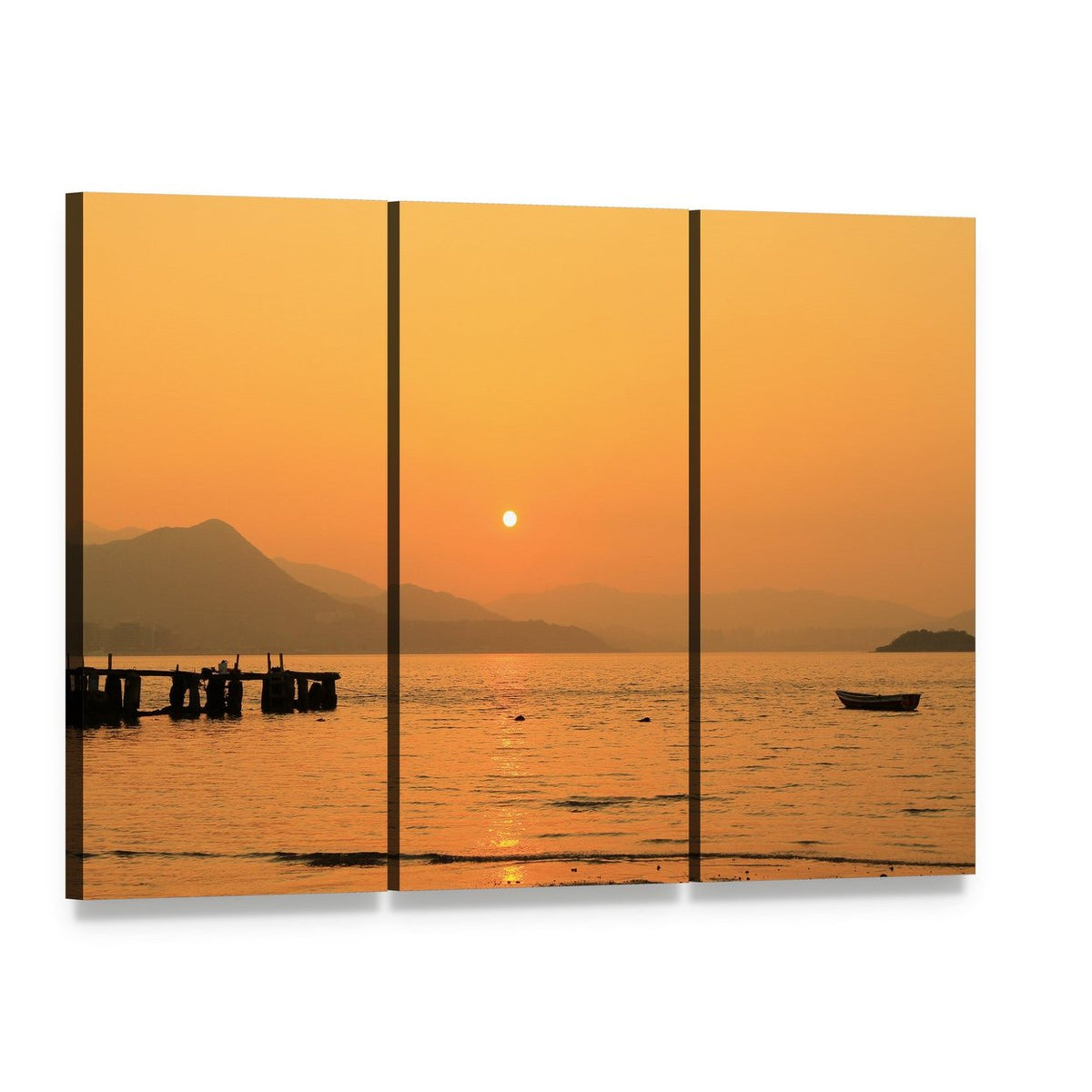 Beach Sunset with Boat and Dock Canvas Wall Art, 3 panel 3 Horizontal layout gallery wrapped canvas set, angled product view
