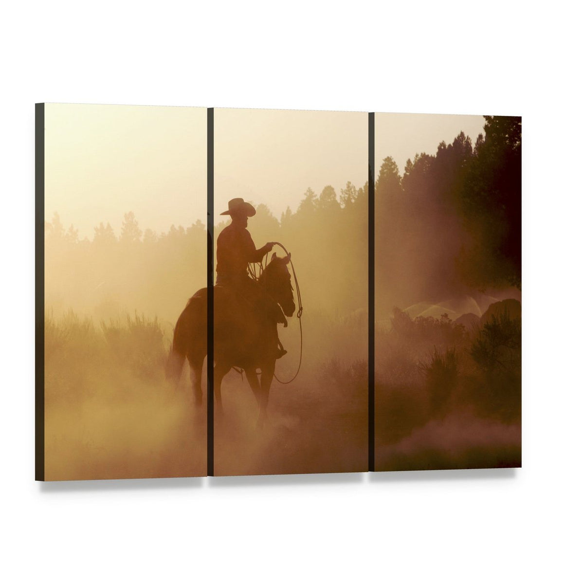 Cowboy Silhouette at Setting Sun Canvas Wall Art, 3 panel 3 Horizontal layout gallery wrapped canvas set, angled product view