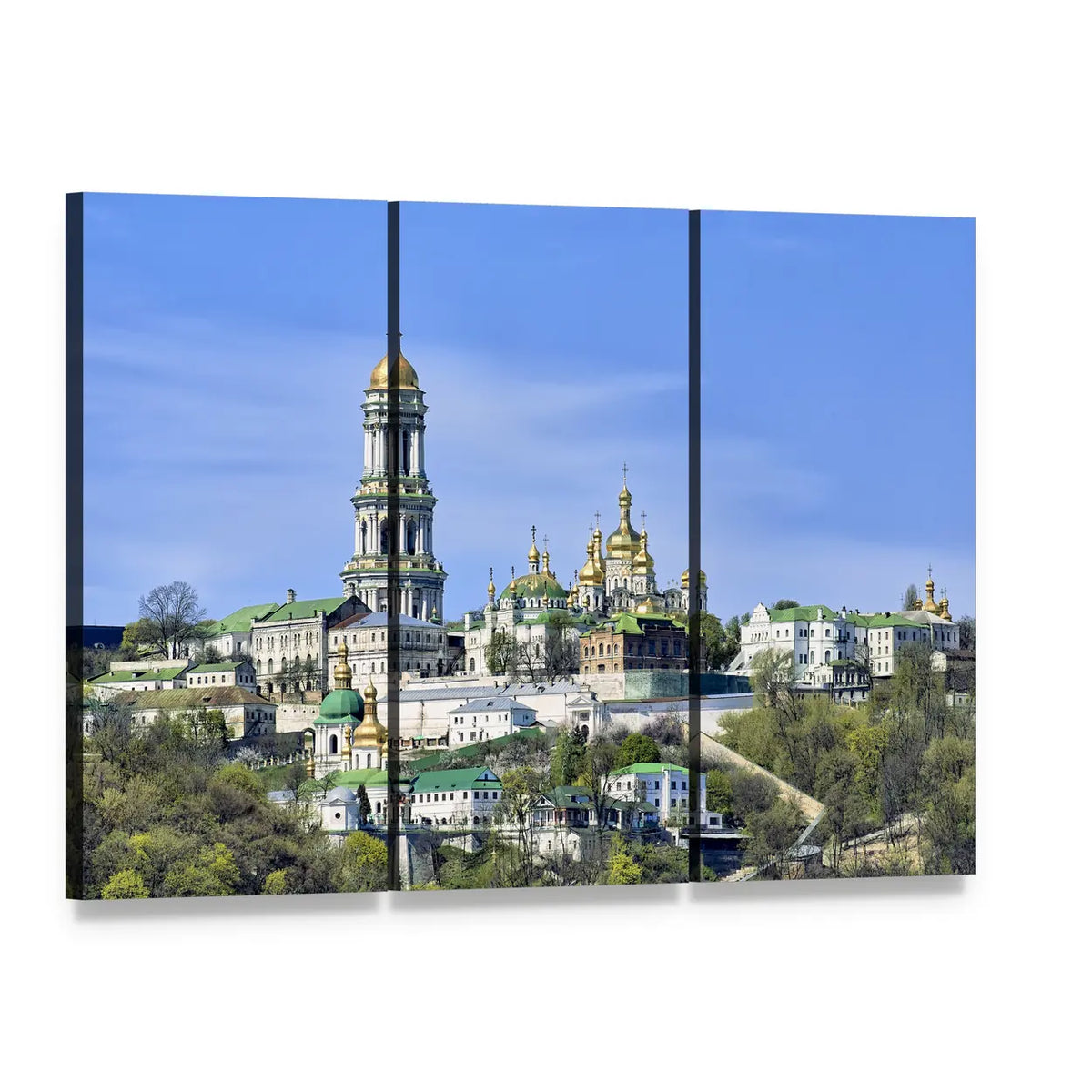 Kiev Pechersk Lavra Monastery with Golden Domes Canvas Wall Art, 3 panel 3 Horizontal layout gallery wrapped canvas set, angled product view
