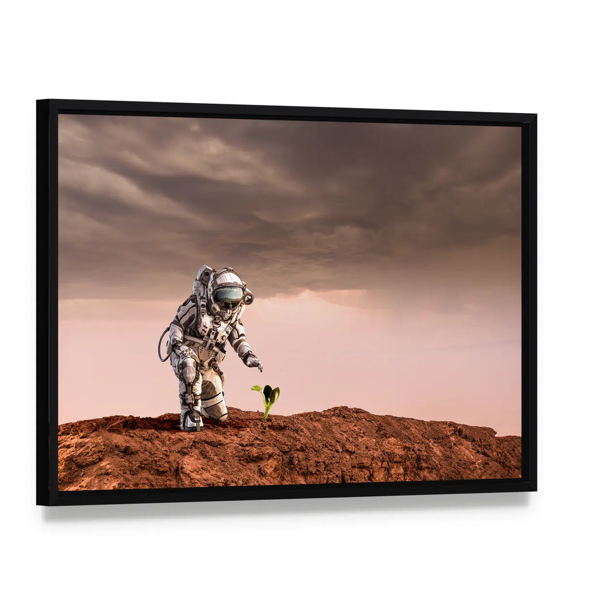 Astronaut on Rust-red Planet Canvas Wall Art, framed canvas in a black floater frame, angled product view