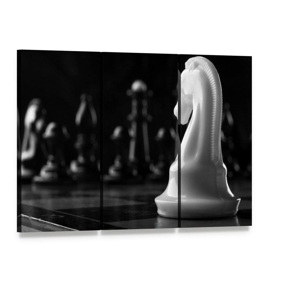 White Knight Chess Piece Canvas Wall Art, 3 panel 3 Horizontal layout gallery wrapped canvas set, angled product view