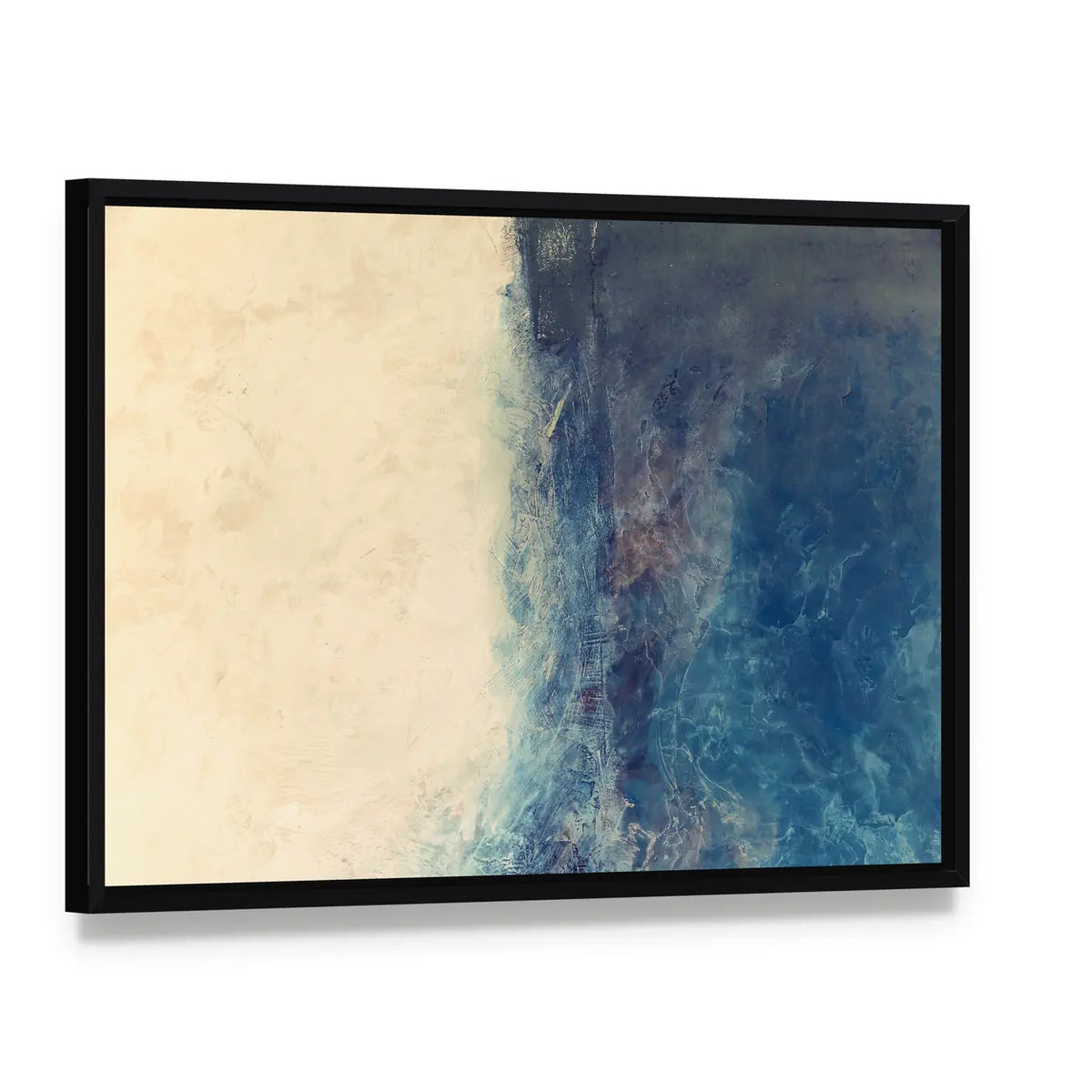 Sea and Beach Abstract Canvas Wall Art, framed canvas in a black floater frame, angled product view