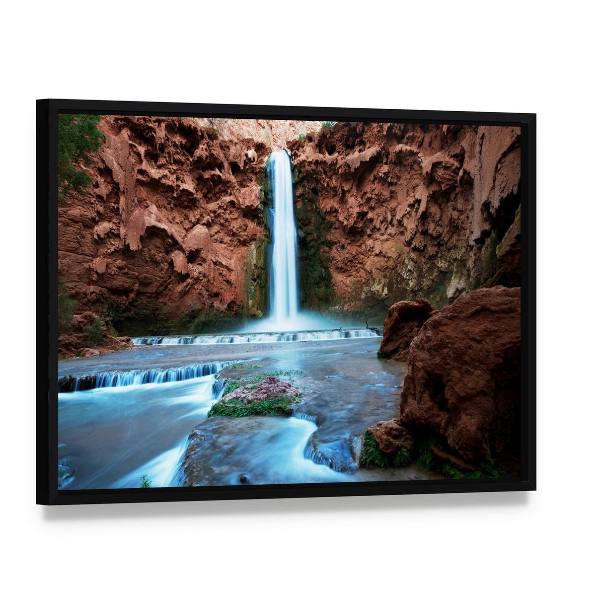 Havasu Falls Canvas Wall Art, framed canvas in a black floater frame, angled product view