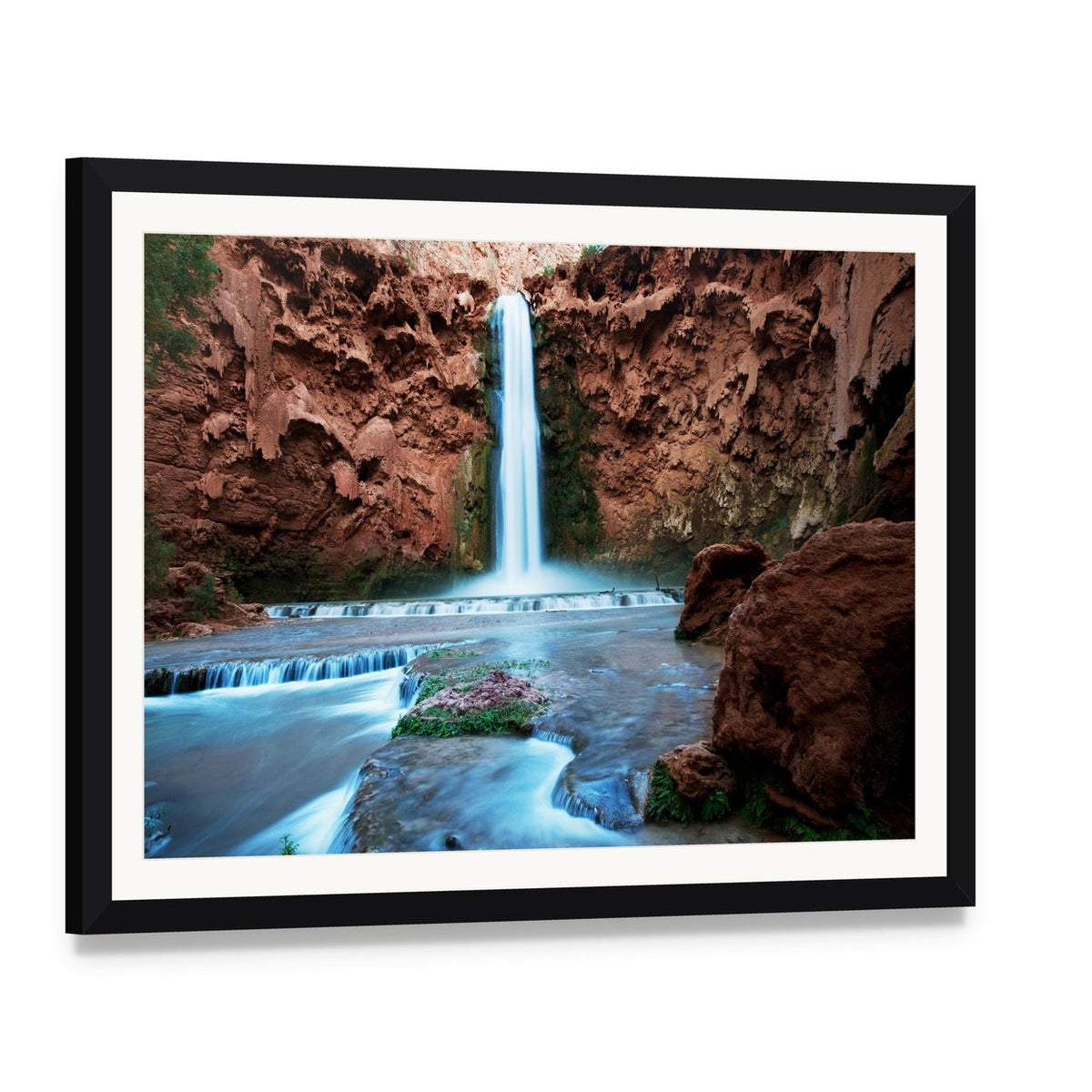 Havasu Falls Canvas Wall Art, framed print with white mat and black frame, angled product view