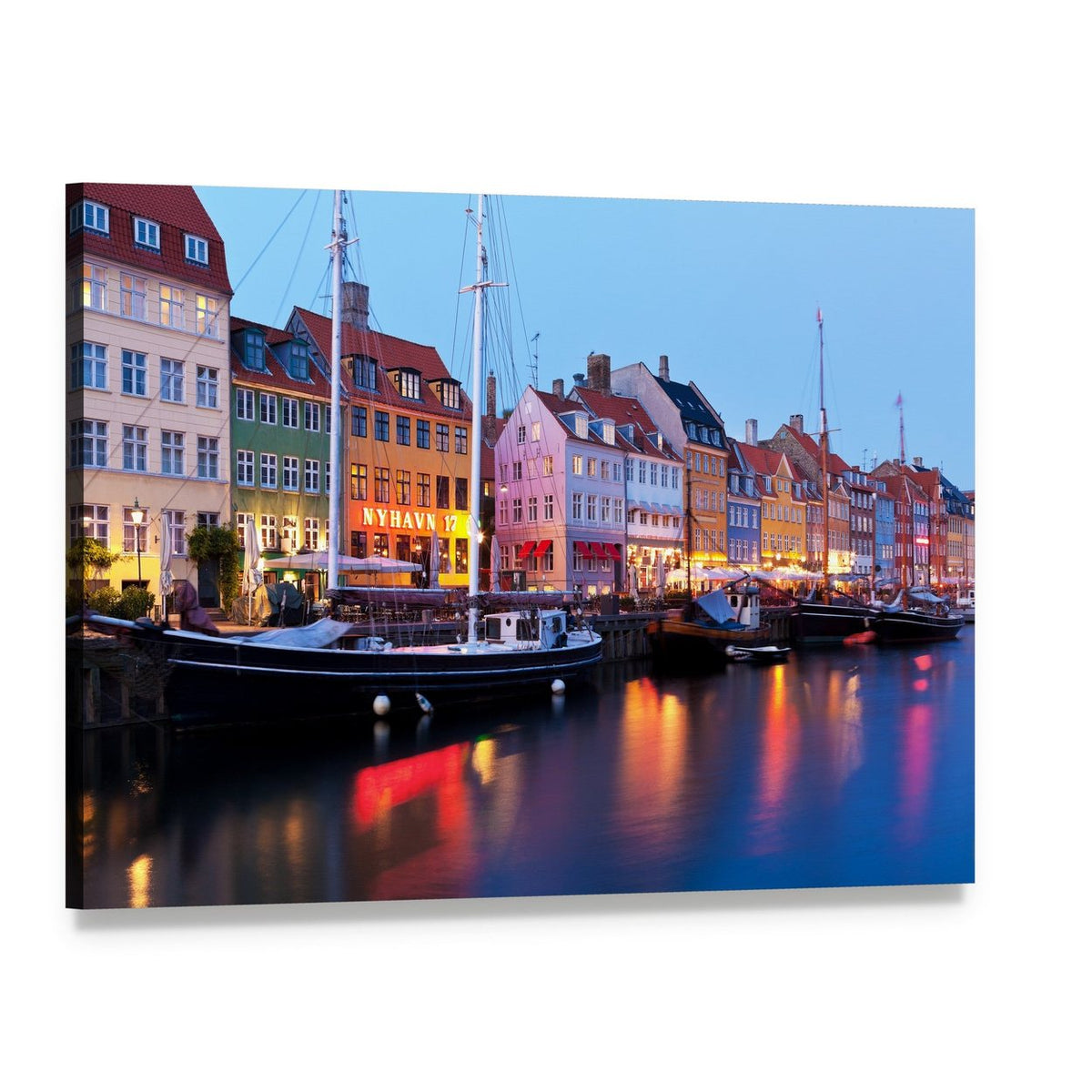 Vibrant Nyhavn Harbor Scene in Copenhagen Canvas Wall Art, single panel gallery wrapped canvas, angled product view