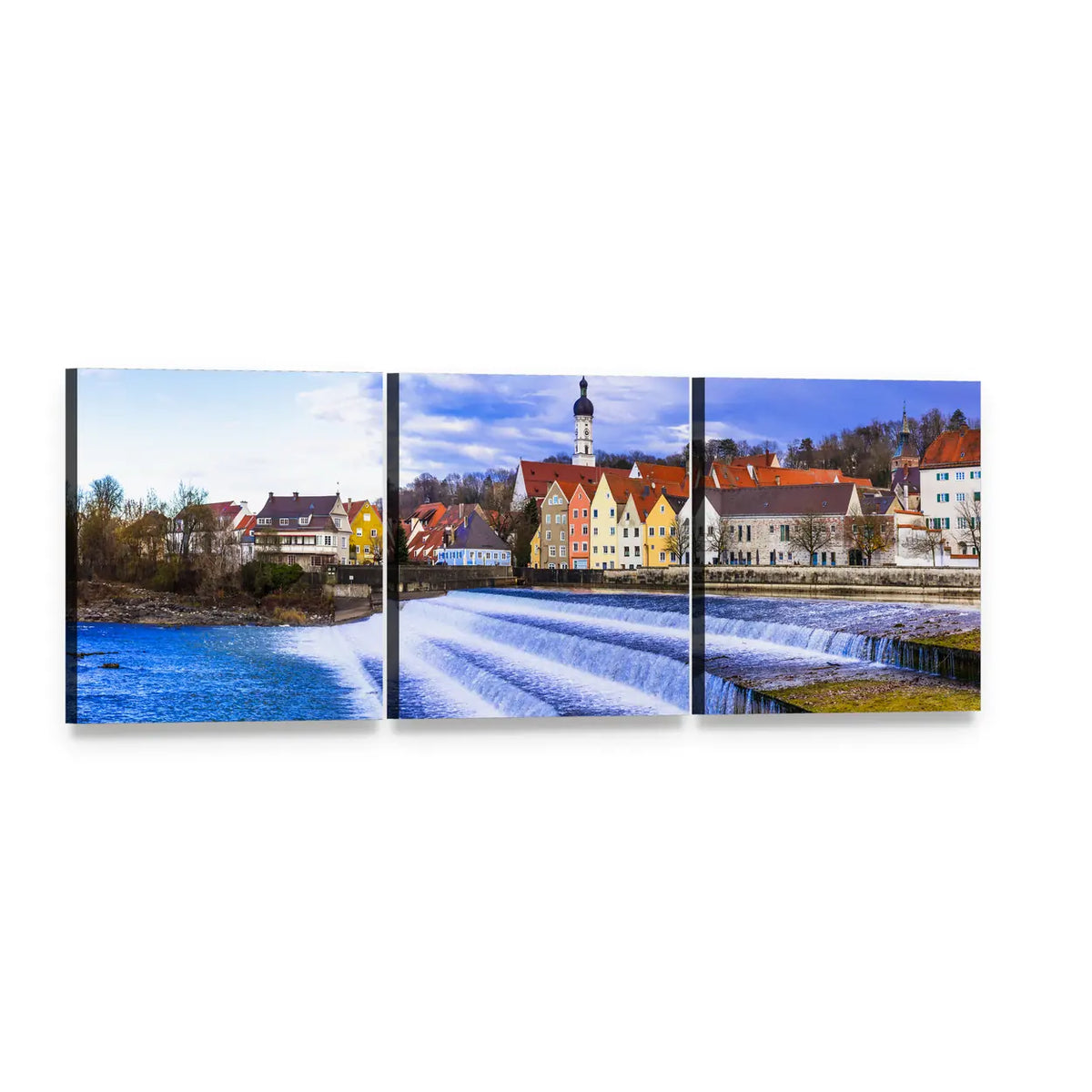 Landsberg Am Lech River View Panoramic Canvas Wall Art, 3 panel 3 Piece layout gallery wrapped canvas set, angled product view