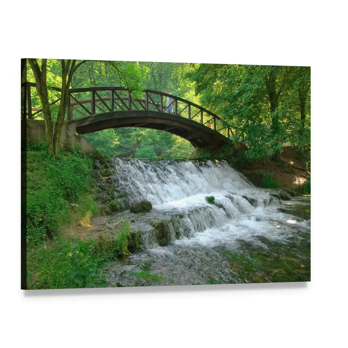 Wooden Bridge Over Waterfall Canvas Wall Art, single panel gallery wrapped canvas, angled product view