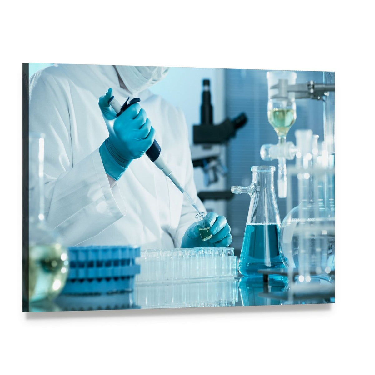 Scientist Using Pipette in Laboratory Canvas Wall Art, single panel gallery wrapped canvas, angled product view
