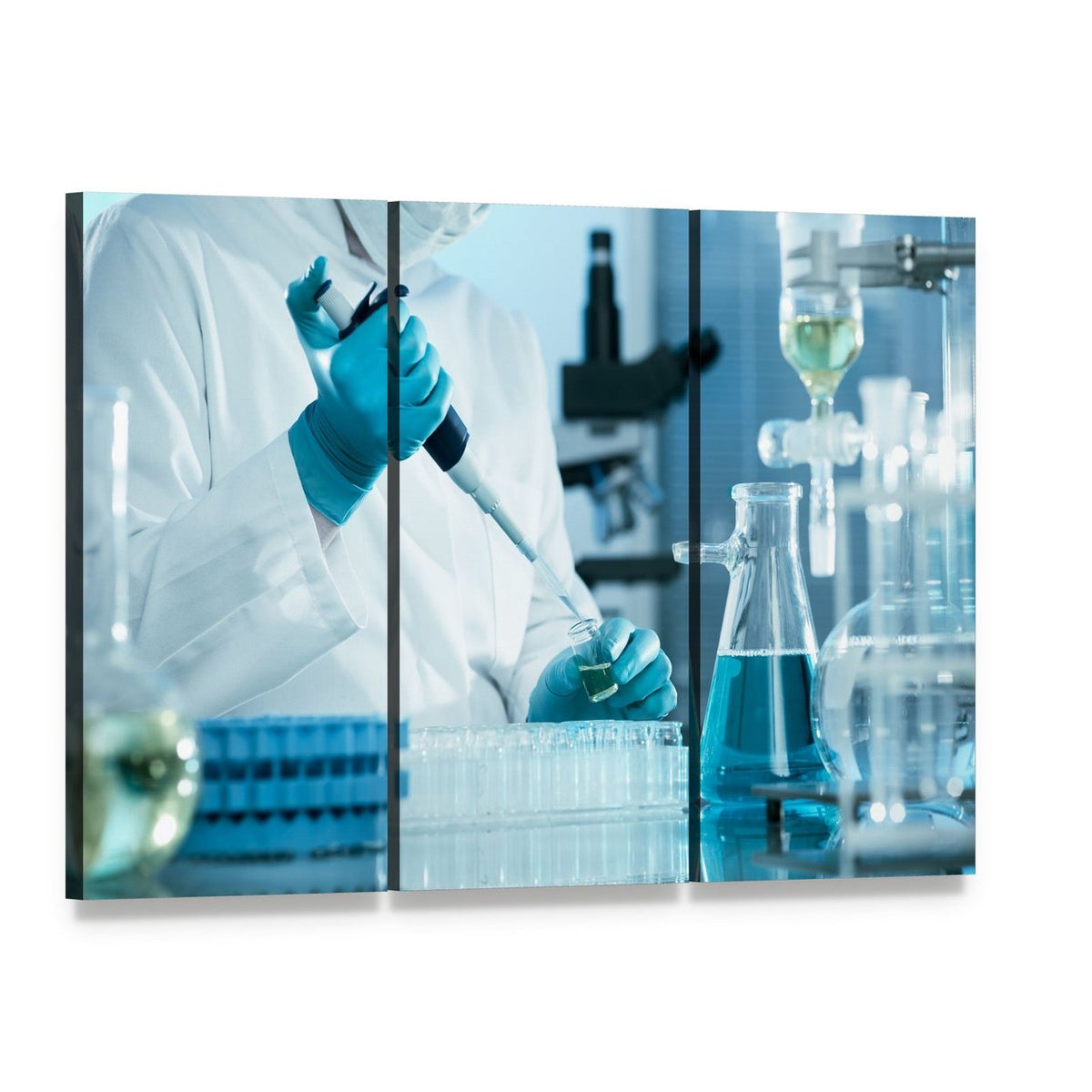 Scientist Using Pipette in Laboratory Canvas Wall Art, 3 panel 3 Horizontal layout gallery wrapped canvas set, angled product view