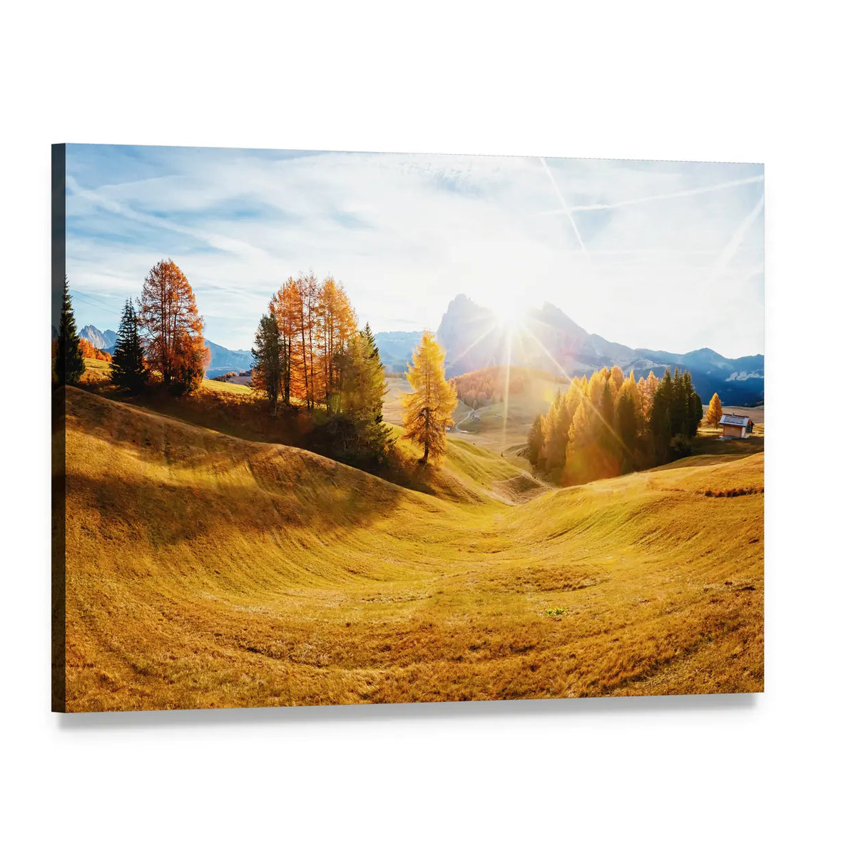 Sunlit Autumn Hills Canvas Wall Art, single panel gallery wrapped canvas, angled product view