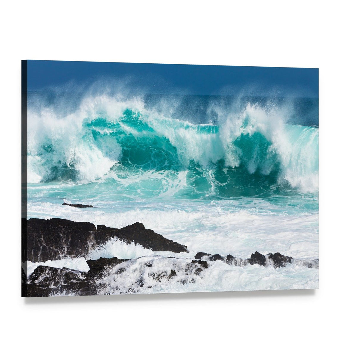 Turquoise Rolling Wave Crashing on Rocks Canvas Wall Art, single panel gallery wrapped canvas, angled product view
