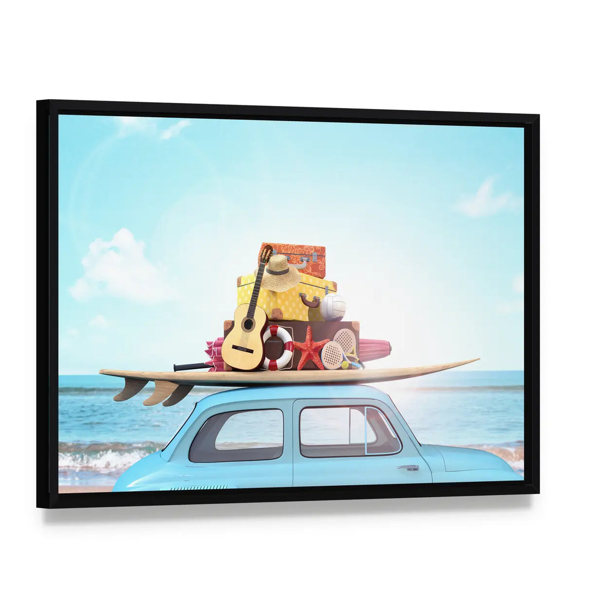Vintage Beach Car with Surfboard Canvas Wall Art, framed canvas in a black floater frame, angled product view