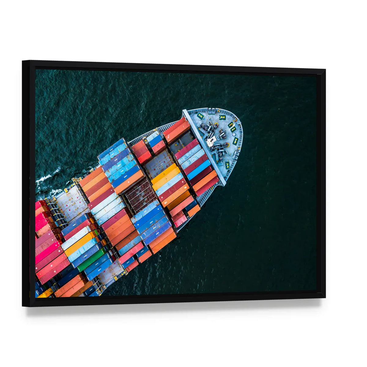 Birds-eye Cargo Ship with Containers Canvas Wall Art, framed canvas in a black floater frame, angled product view