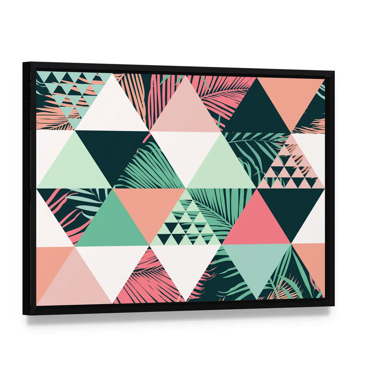 Tropical Geometric Leaves Pattern Canvas Wall Art, framed canvas in a black floater frame, angled product view