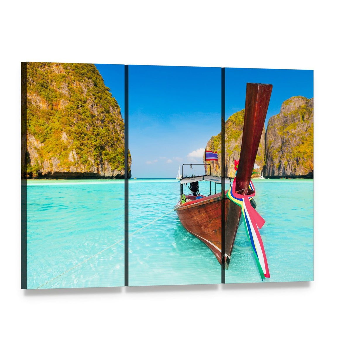 Maya Bay Longtail Boat Seascape Canvas Wall Art, 3 panel 3 Horizontal layout gallery wrapped canvas set, angled product view