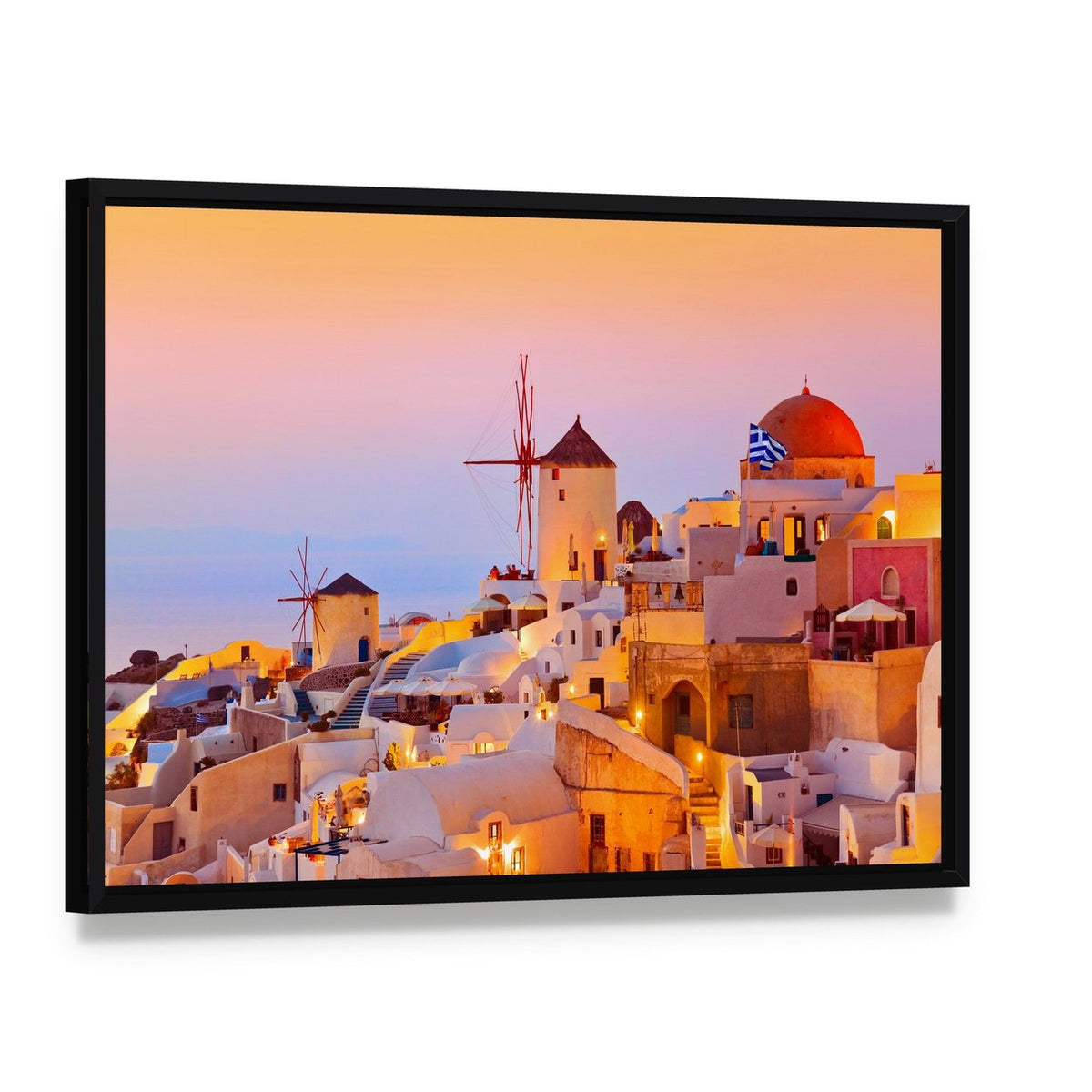 Santorini Sunset Over Oia Village Canvas Wall Art, framed canvas in a black floater frame, angled product view