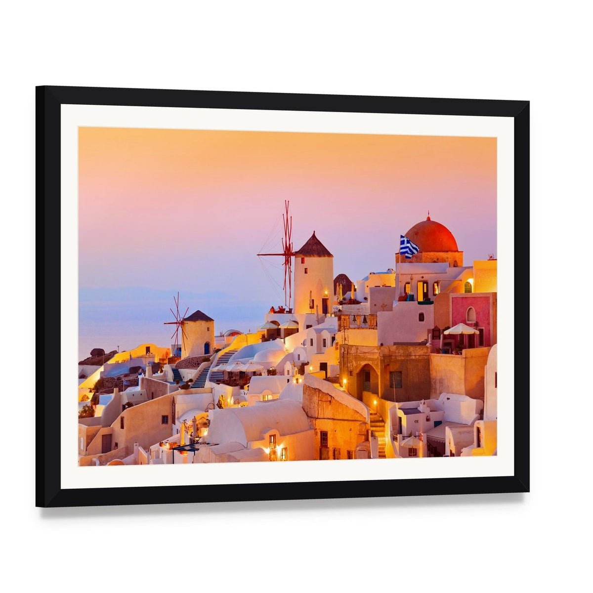 Santorini Sunset Over Oia Village Canvas Wall Art, framed print with white mat and black frame, angled product view