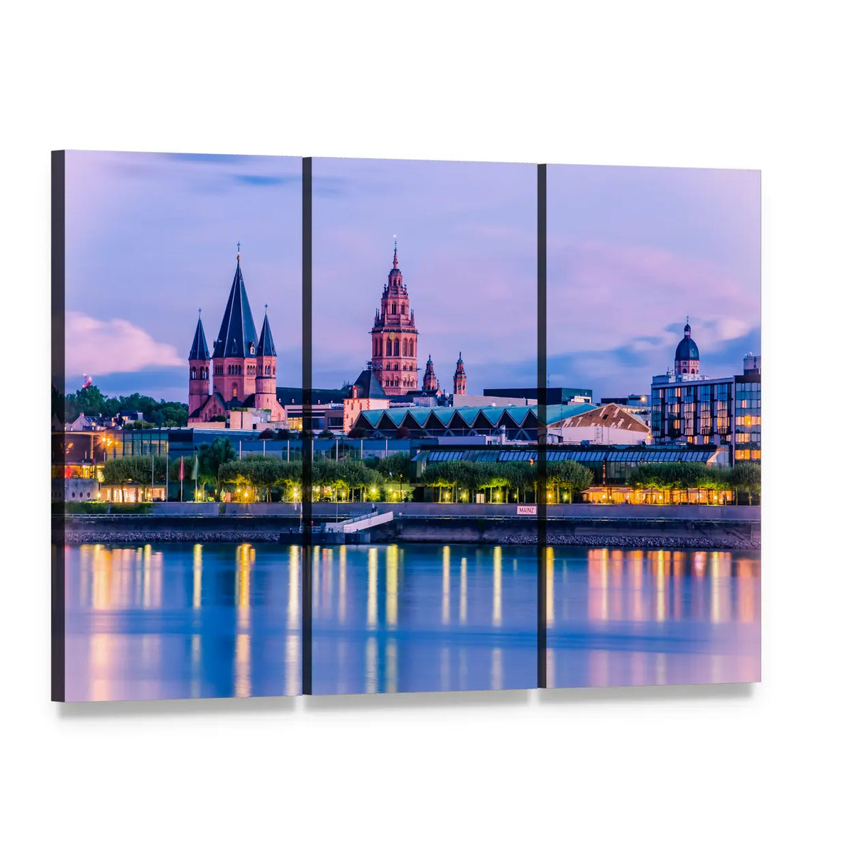 Mainz Riverfront at Dusk Canvas Wall Art, 3 panel 3 Horizontal layout gallery wrapped canvas set, angled product view