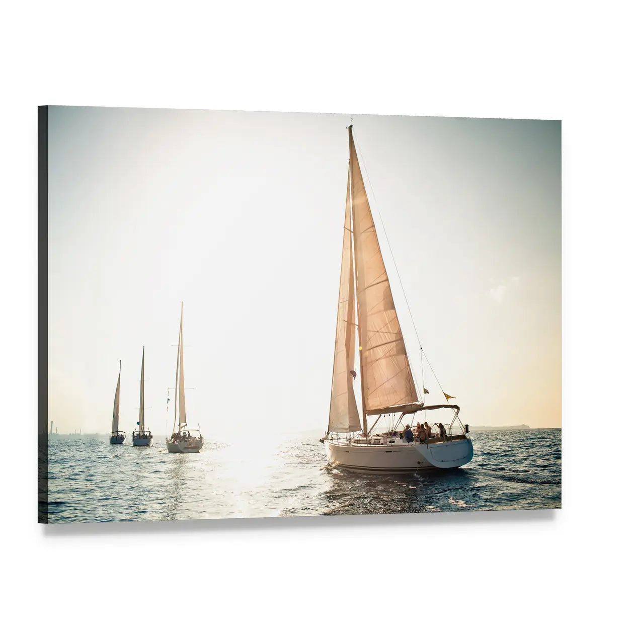 Four Sailboats on a Calm Sea Canvas Wall Art, single panel gallery wrapped canvas, angled product view