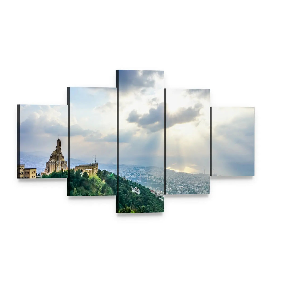 Saint Paul Basilica Jounieh at Sunset Canvas Wall Art, 5 panel 5 Star layout gallery wrapped canvas set, angled product view