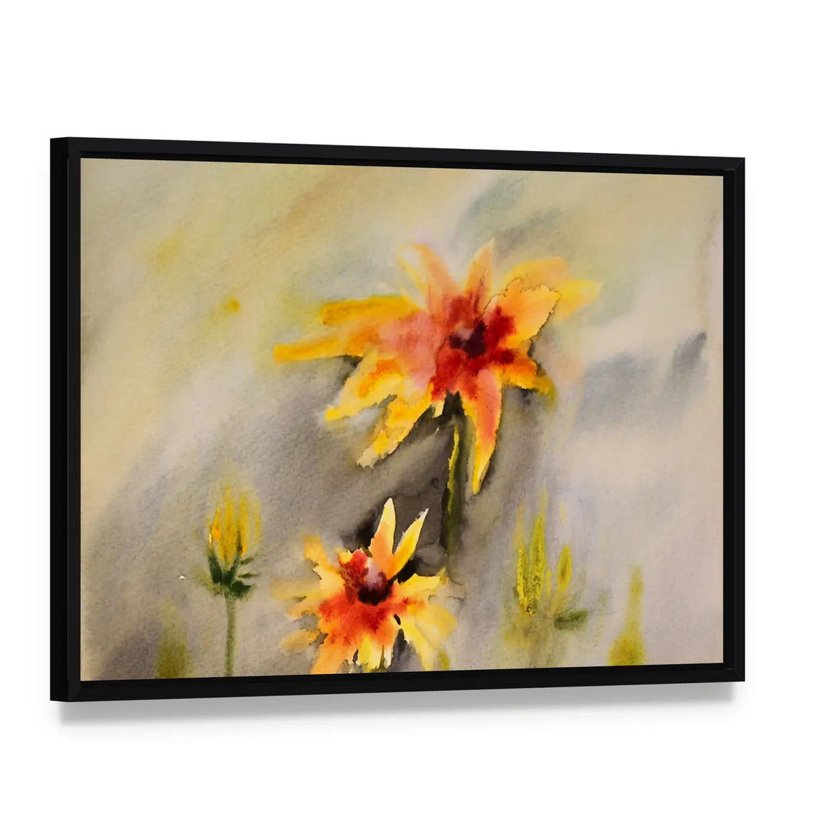 Watercolor Painting of Beautiful Flowers Canvas Wall Art, framed canvas in a black floater frame, angled product view