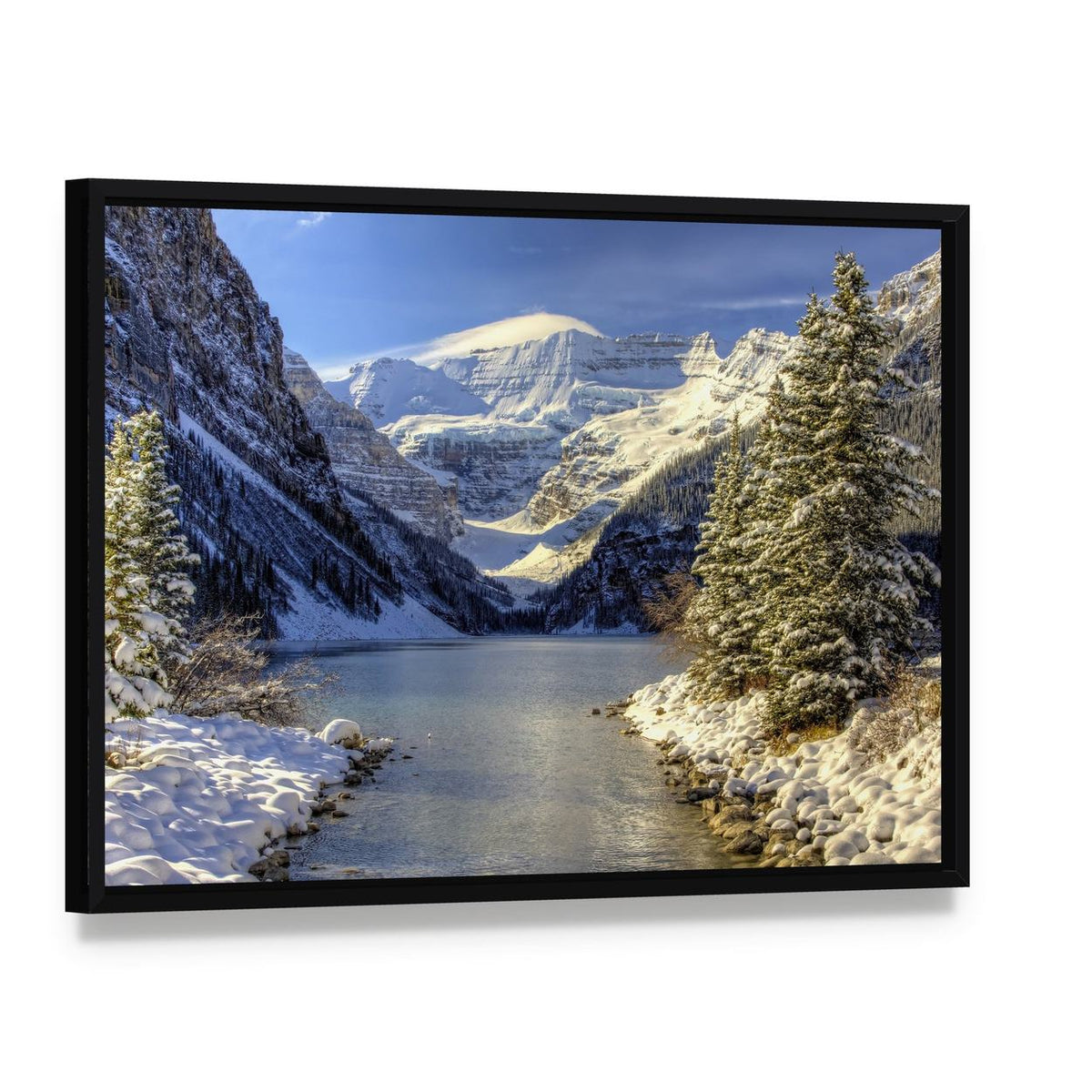 Snow on Lake Louise Canvas Wall Art, framed canvas in a black floater frame, angled product view